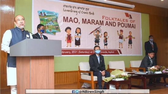 CM Biren Singh and VC of Manipur University of Culture P Gunindro Singh were present at the launch of the comic book.(Courtesy- Twitter) CM Biren Singh and VC of Manipur University of Culture P Gunindro Singh were present at the launch of the comic book.(Courtesy- Twitter)