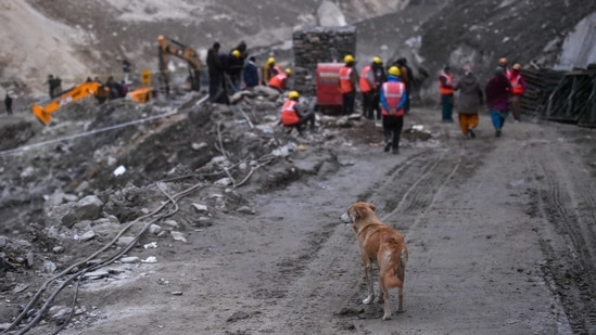 Army personnel carry out rescue and restoration work in Uttarakhand's Joshimath on Saturday.(PTI Photo) Army personnel carry out rescue and restoration work in Uttarakhand's Joshimath on Saturday.(PTI Photo)