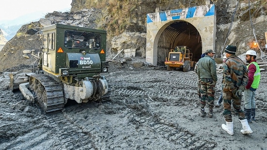 The ongoing multi-agency rescue operation at Tapovan Tunnel, in Chamoli district's Joshimath.(PTI Photo) The ongoing multi-agency rescue operation at Tapovan Tunnel, in Chamoli district's Joshimath.(PTI Photo)