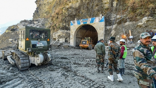 The ongoing multi-agency rescue operation at Tapovan Tunnel, in Chamoli district's Joshimath. (PTI Photo) The ongoing multi-agency rescue operation at Tapovan Tunnel, in Chamoli district's Joshimath. (PTI Photo)
