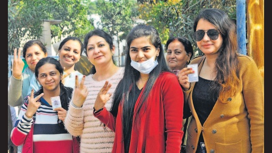 Women voters posing for a photograph after casting their vote for the municipal corporation elections in Mohali on Sunday. (Keshav SIngh/HT) Women voters posing for a photograph after casting their vote for the municipal corporation elections in Mohali on Sunday. (Keshav SIngh/HT)