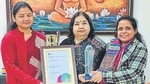(L-R) School teacher Smritee, principal Anju Puri and ISA coordinator Jyotsna Jha with the award certificate and trophy. (L-R) School teacher Smritee, principal Anju Puri and ISA coordinator Jyotsna Jha with the award certificate and trophy.