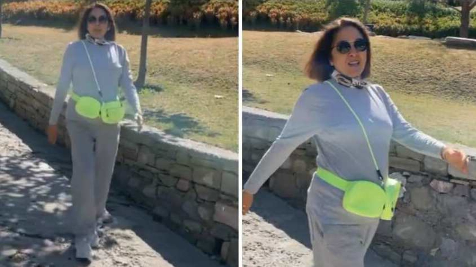 Neena Gupta goes walking in style, accessorises track suit with neon fanny pack