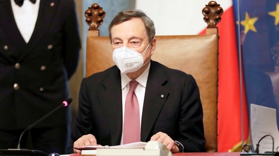 New Italian Premier Mario Draghi presides over his first cabinet of ministers reunion after the swearing-in ceremony, at Chigi Palace Premier's office, in Rome on February 13, 2021. (Reuters)