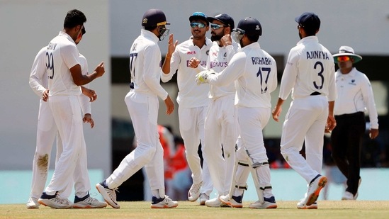 Indian team players celebrates dismissal during the 2nd test match against England at MA Chidambaram Stadium, in Chennai on Sunday. ((ANI Photo/BCCI Twitter))