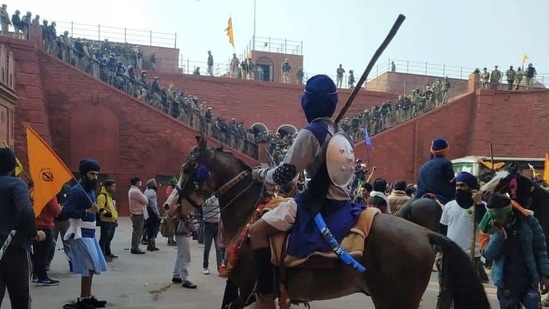 Nihang Sikhs at Red Fort during the farmers' tractor rally on Republic Day, in New Delhi. (Sanjeev Verma/HT Photo)