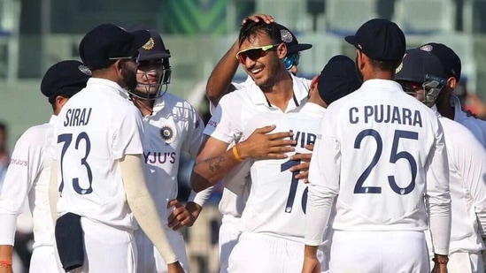 Debutant Axar Patel celebrates the wicket of Jack Leach ahead of the stumps on the third day of second India vs England Test in Chennai (Twitter)