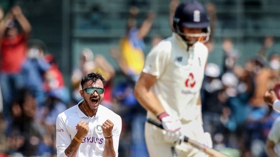 India's Axar Patel celebrates the wicket of England's captain Joe Root during the 2nd day of second cricket test match between India and England, at M.A. Chidambaram Stadium in Chennai, Sunday,(PTI)