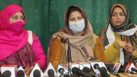 Pakistani spouses of Kashmiri men addressing a press conference in Srinagar on Monday (Sourced) Pakistani spouses of Kashmiri men addressing a press conference in Srinagar on Monday (Sourced)