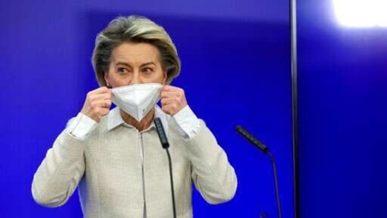 European Commission President Ursula von der Leyen takes off her protective face mask as she prepares to speak during a media conference.(AP) European Commission President Ursula von der Leyen takes off her protective face mask as she prepares to speak during a media conference.(AP)