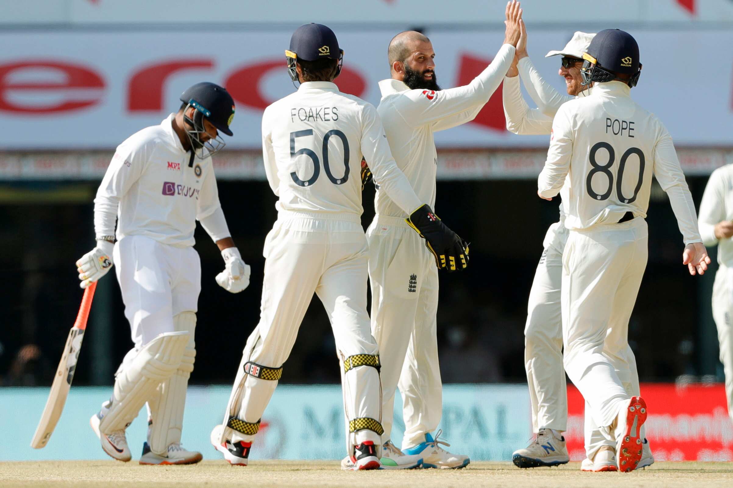 England's Moeen Ali celebrates dismissal during the 2nd test match against England at MA Chidambaram Stadium, in Chennai on Sunday. 