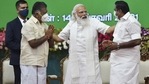 Chennai: Prime Minister Narendra Modi with Tamil Nadu CM Edappadi K. Palaniswami and Dy. CM O Panneerselvam during the inauguration of Chennai Metro Rail Phase-I extension, that will link North Chennai with the Airport and Central Railway Station, in Chennai, Sunday, Feb. 14, 2021.(PTI) Chennai: Prime Minister Narendra Modi with Tamil Nadu CM Edappadi K. Palaniswami and Dy. CM O Panneerselvam during the inauguration of Chennai Metro Rail Phase-I extension, that will link North Chennai with the Airport and Central Railway Station, in Chennai, Sunday, Feb. 14, 2021.(PTI)