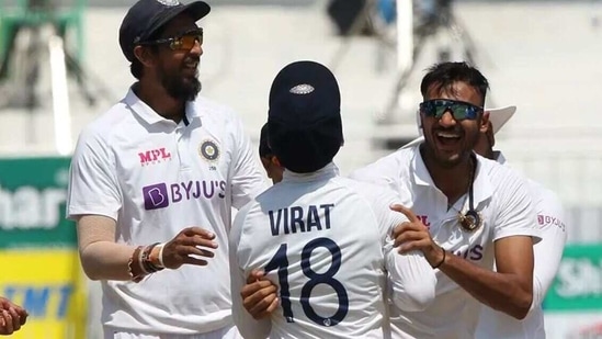 Indian all-rounder Axar Patel celebrates a dismissal with Virat Kohli during the fourth day of the second Test against England(BCCI)