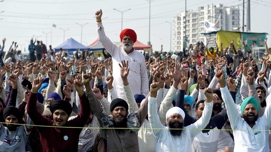 Farmers shouting slogans at the demonstration site during the ongoing farmer protest against the new farm laws at Ghazipur Border in New Delhi. (File photo) Farmers shouting slogans at the demonstration site during the ongoing farmer protest against the new farm laws at Ghazipur Border in New Delhi. (File photo)