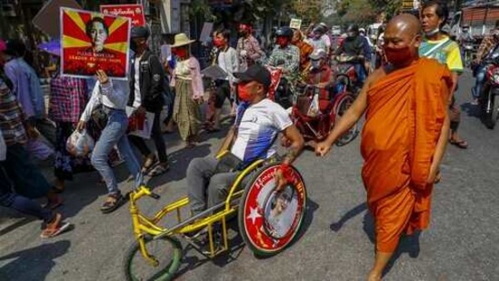 Troops have fanned out around the country in recent days and fired rubber bullets to disperse one rally in Mandalay, hours before authorities again cut internet gateways. (AP)