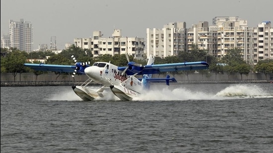 The seaplane at the Sabarmati Riverfront, in Ahmedabad. (File photo)