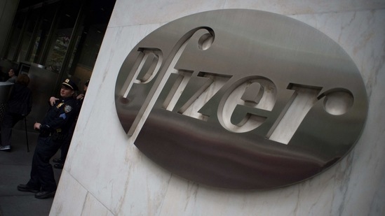 The Pfizer company logo on the wall in front of Pfizer's headquarters in New York. (AFP)