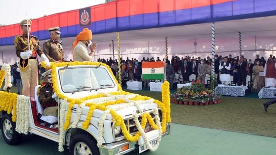 Union Minister of State Home Affairs G Kishan Reddy greets the attendee as he attends the 74th Raising Day of Delhi Police, in New Delhi(ANI Photo)