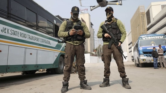 Jammu: A special police team carries out a search operation at a bus stand area, a day after recovery of a powerful improvised explosive device from a terrorist allegedly planning to trigger a blast, in Jammu, Monday, Feb 15, 2021. (PTI Photo) (PTI02_15_2021_000124A) (PTI) Jammu: A special police team carries out a search operation at a bus stand area, a day after recovery of a powerful improvised explosive device from a terrorist allegedly planning to trigger a blast, in Jammu, Monday, Feb 15, 2021. (PTI Photo) (PTI02_15_2021_000124A) (PTI)