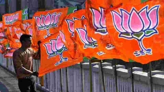A Bharatiya Janta Party worker erecting BJP flags.(Nitin Kanotra / Hindustan Times) A Bharatiya Janta Party worker erecting BJP flags.(Nitin Kanotra / Hindustan Times)