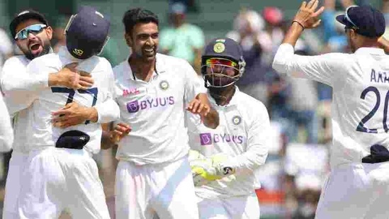 R Ashwin celebrates with his teammates during the 2nd Test against England at Chennai.(BCCI) R Ashwin celebrates with his teammates during the 2nd Test against England at Chennai.(BCCI)