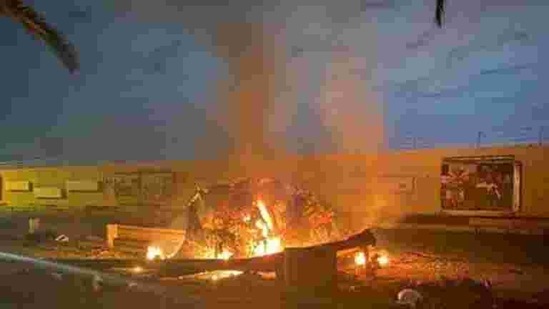 Burning debris are seen on a road near Baghdad International Airport, which according to Iraqi paramilitary groups were caused by three rockets hitting the airport in Iraq on January 3, 2020. (Reuters File Photo) Burning debris are seen on a road near Baghdad International Airport, which according to Iraqi paramilitary groups were caused by three rockets hitting the airport in Iraq on January 3, 2020. (Reuters File Photo)