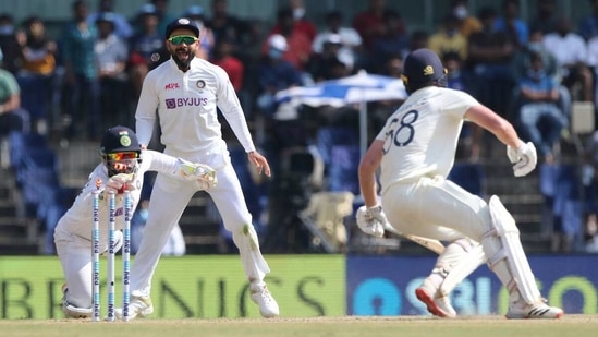Rishabh Pant takes off the stumps with Dan Lawrence out of his crease. (BCCI) Rishabh Pant takes off the stumps with Dan Lawrence out of his crease. (BCCI)