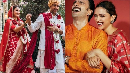 Dia Mirza’s Banarasi red bridal saree same as Deepika Padukone’s last Diwali one(Instagram/diamirzaofficial/ranveersingh)