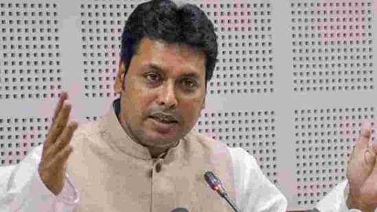 Tripura chief minister Biplab Kumar Deb sparked a controversy when he told an event on February 13 that Union home minister Amit Shah had earlier spoken about plans to expand the BJP's influence in neighbouring countries.(PTI) Tripura chief minister Biplab Kumar Deb sparked a controversy when he told an event on February 13 that Union home minister Amit Shah had earlier spoken about plans to expand the BJP's influence in neighbouring countries.(PTI)