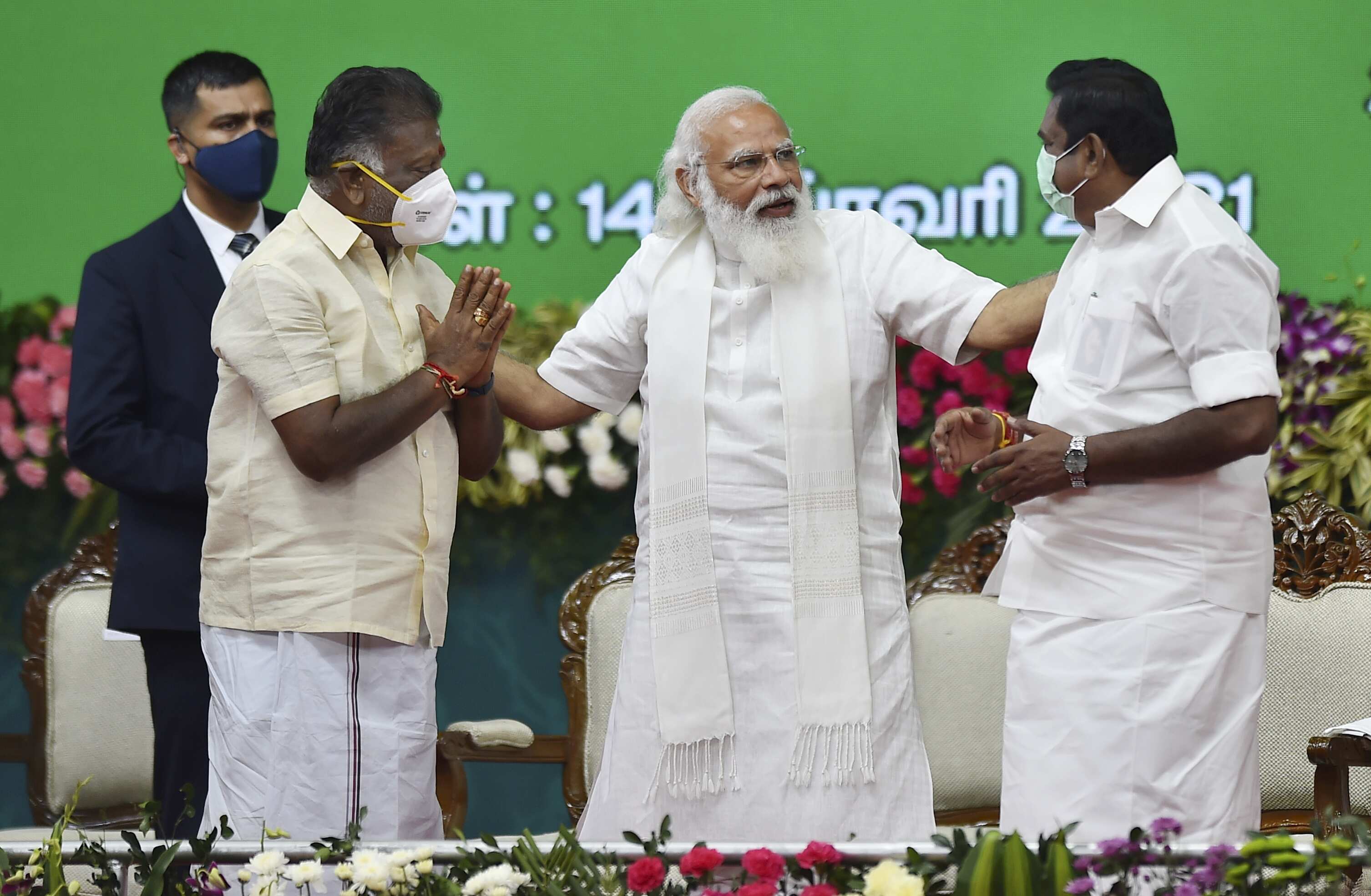 Chennai: Prime Minister Narendra Modi with Tamil Nadu CM Edappadi K. Palaniswami and Dy. CM O Panneerselvam during the inauguration of Chennai Metro Rail Phase-I extension, that will link North Chennai with the Airport and Central Railway Station, in Chennai, Sunday, Feb. 14, 2021. (PTI) Chennai: Prime Minister Narendra Modi with Tamil Nadu CM Edappadi K. Palaniswami and Dy. CM O Panneerselvam during the inauguration of Chennai Metro Rail Phase-I extension, that will link North Chennai with the Airport and Central Railway Station, in Chennai, Sunday, Feb. 14, 2021. (PTI)