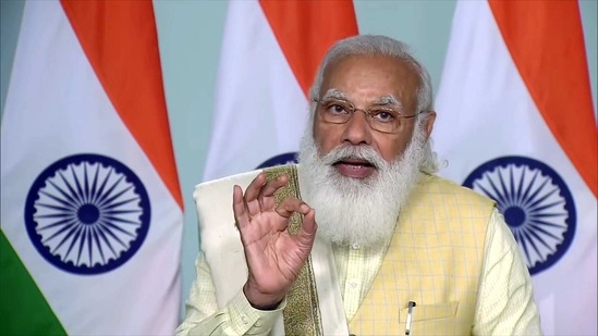 Prime Minister Narendra Modi addresses while laying the foundation stone of Maharaja Suheldev Memorial and development work of Chittaura Lake in Bahraich, via video conferencing, in New Delhi on Tuesday. (ANI Photo) Prime Minister Narendra Modi addresses while laying the foundation stone of Maharaja Suheldev Memorial and development work of Chittaura Lake in Bahraich, via video conferencing, in New Delhi on Tuesday. (ANI Photo)