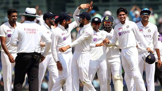 Indian team celebrates after winning the 2nd test match against England at MA Chidambaram Stadium, in Chennai on Tuesday. (ANI Photo/BCCI Twitter)