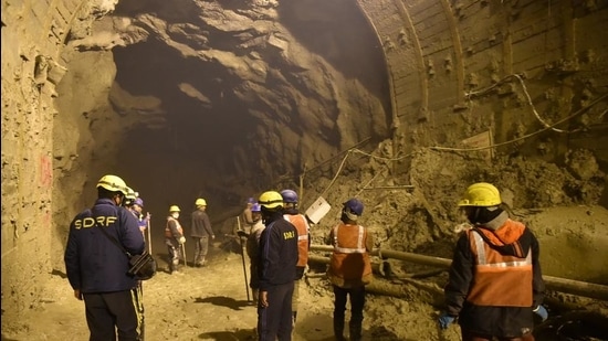 Rescue operations continue inside the Tapovan Tunnel, in Chamoli district of Uttarakhand on February 16. (PTI)