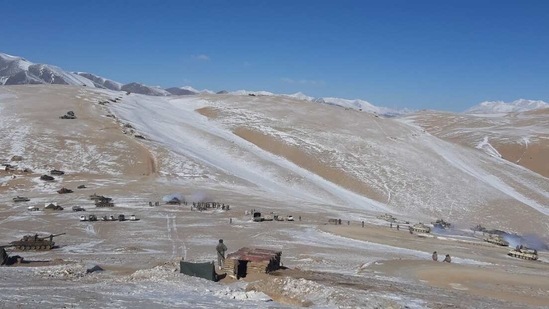 A handout photo released by Indian Army on February 16, 2021 shows the disengagement process between Indian Army and China's People's Liberation Army from a contested area in the western Himalayas, in Ladakh region.(Reuters)