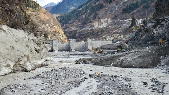 Rescue and restoration work continues at damaged Tapovan barrage, weeks after the glacier burst at Joshimath which triggered a massive flash flood on Feb. 7, in Chamoli district of Uttarakhand,(PTI)