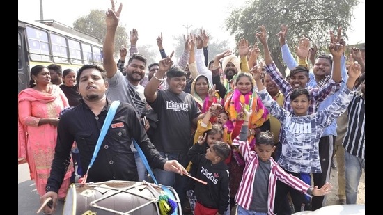 Parvinder Kaur Kalyan from Ward Number 7 of Jagraon taking out a road show after victory in municipal elections on Wednesday. (Gurpreet Singh)