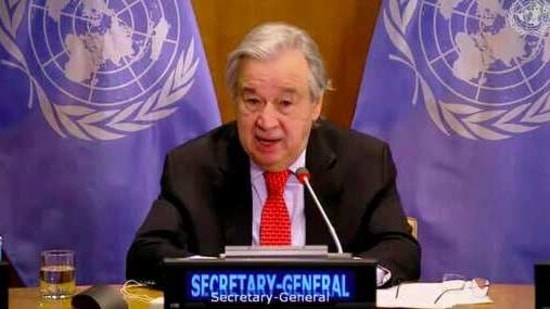 In this image made from UNTV video, United Nations Secretary General Antonio Guterres speaks during a UN Security Council high-level meeting on Covid-19 recovery focusing on vaccinations.(AP)