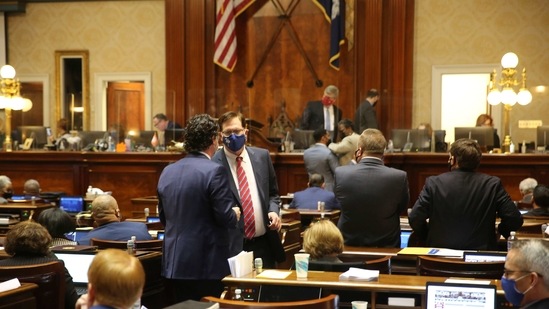 South Carolina House Majority Leader Gary Simrill, R-Rock Hill, left, and House Speaker Jay Lucas, R-Hartsville, right, talk after Democrats requested an abortion bill be read in full on Wednesday, (AP) South Carolina House Majority Leader Gary Simrill, R-Rock Hill, left, and House Speaker Jay Lucas, R-Hartsville, right, talk after Democrats requested an abortion bill be read in full on Wednesday, (AP)