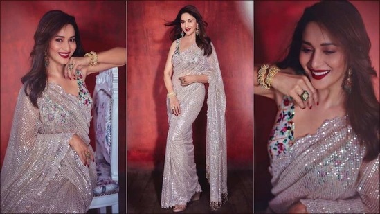 Madhuri Dixit flaunts a theatrical silhouette, sizzles in a sheer bling saree(Instagram/madhuridixitnene/stylebyami)
