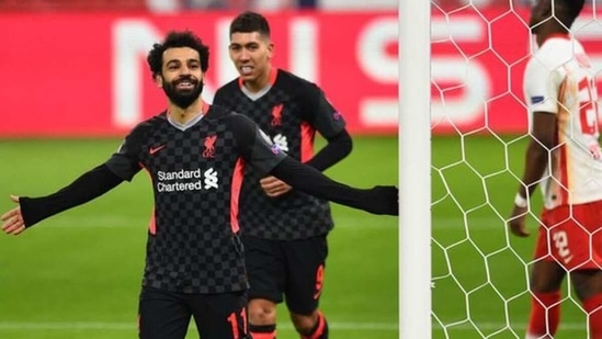 Liverpool's Mo Salah celebrates his goal. 