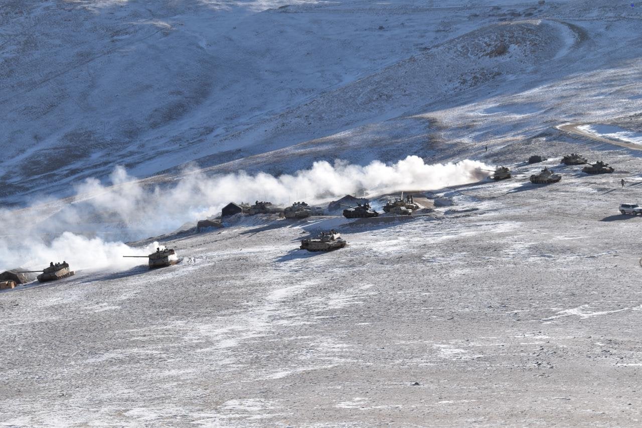 Indian and Chinese troops and tanks disengaging from the banks of the Pangong lake area in Eastern Ladakh. (ANI Photo)