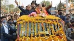 BJP national president JP Nadda (right), Union minister of state for finance Anurag Thakur (centre) and chief minister Jai Ram Thakur greeting party workers before attending the BJP state executive meeting at Dharamshala in Kangra district on Thursday. (HT Photo) BJP national president JP Nadda (right), Union minister of state for finance Anurag Thakur (centre) and chief minister Jai Ram Thakur greeting party workers before attending the BJP state executive meeting at Dharamshala in Kangra district on Thursday. (HT Photo)