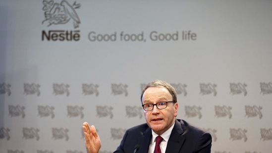 Nestle Chief Executive Mark Schneider talks during a news conference at the company headquarters in Vevey, Switzerland.(REUTERS)