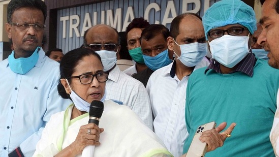 West Bengal Chief Minister Mamata Banerjee at the SSKM Government Hospital where she met state labour minister Jakir Hossain, in Kolkata on Thursday. (ANI PHOTO). West Bengal Chief Minister Mamata Banerjee at the SSKM Government Hospital where she met state labour minister Jakir Hossain, in Kolkata on Thursday. (ANI PHOTO).