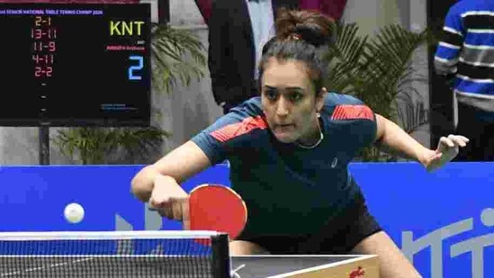 Top seed Manika Batra playing during the 82nd Senior National Table Tennis Championships at Tau Devi Lal Indoor Stadium in Panchkula on Wednesday. (Sant Arora/HT)