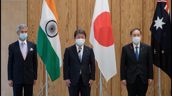 (L-R) India's foreign minister Subrahmanyam Jaishankar, Japan's foreign minister Toshimitsu Motegi and Japan's Prime Minister Yoshihide Suga pose for photographs before a Quad Indo-Pacific meeting in Tokyo on October 6, 2020. (File photo) (L-R) India's foreign minister Subrahmanyam Jaishankar, Japan's foreign minister Toshimitsu Motegi and Japan's Prime Minister Yoshihide Suga pose for photographs before a Quad Indo-Pacific meeting in Tokyo on October 6, 2020. (File photo)