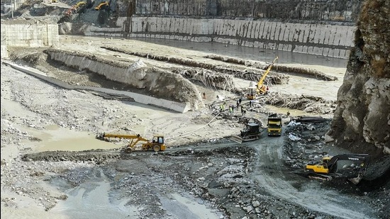 Rescue and restoration work continues at damaged Tapovan barrage, weeks after the glacier burst at Joshimath which triggered a massive flash flood on February 7, in Chamoli district of Uttarakhand. (PTI)