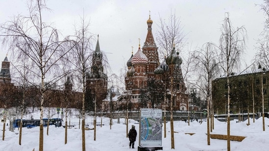 A woman walks in a snow-covered park with the St. Basil's Cathedral and the Kremlin in the background in Moscow on February 17, 2021. (Photo by Dimitar DILKOFF / AFP)(AFP)