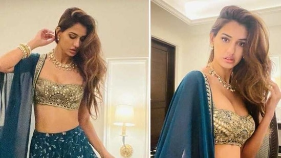 Disha Patani in teal lehenga (Instagram/dishapatani) Disha Patani in teal lehenga (Instagram/dishapatani)