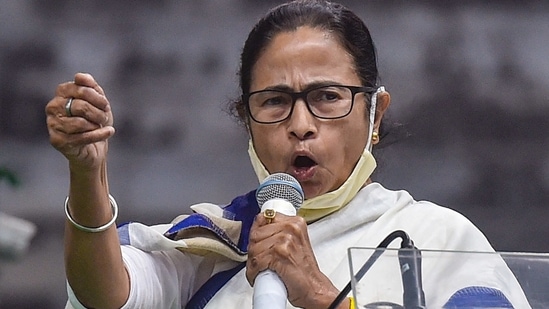 West Bengal chief minister Mamata Banerjee in an addresses in Kolkata. (PTI)